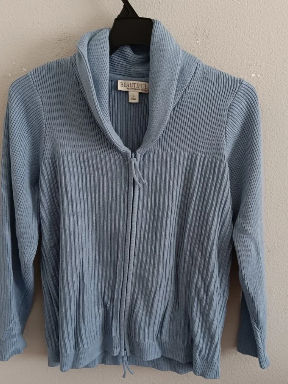 BEAUTIFUL by Lawrence Zarian Shawl Collar Zip Cardigan, Blue Sz L a735961